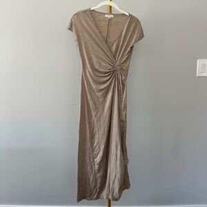Max Studio Taupe Midi Dress, Cap Sleeve, V-Neck, Ruched, Size XS